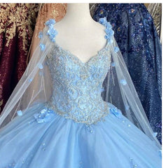 Homecoming Dress Cute, Blue flowers  tulle ball gown , chic prom dress