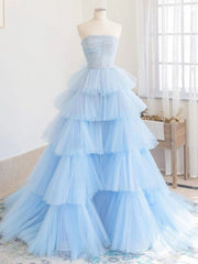 Homecoming Dress Boutiques, Blue High Low Tulle Prom Dresses, Blue Tulle High Low Formal Graduation Dresses
