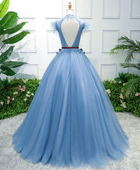 Party Dresses Idea, Blue High Neck Tulle Blue Long Prom Dress, Blue Evening Dress