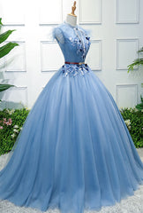 Party Dresses Ideas, Blue High Neck Tulle Blue Long Prom Dress, Blue Evening Dress