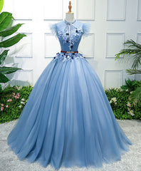 Party Dresses Prom, Blue High Neck Tulle Blue Long Prom Dress, Blue Evening Dress