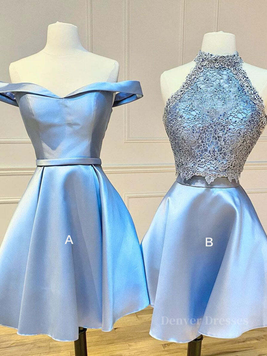 Evening Dresses Unique, Blue lace satin short prom dress, blue homecoming dress