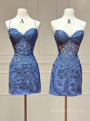 Bridesmaid Dress With Sleeve, Blue Lace Short Prom Dress, Blue Homecoming Dress