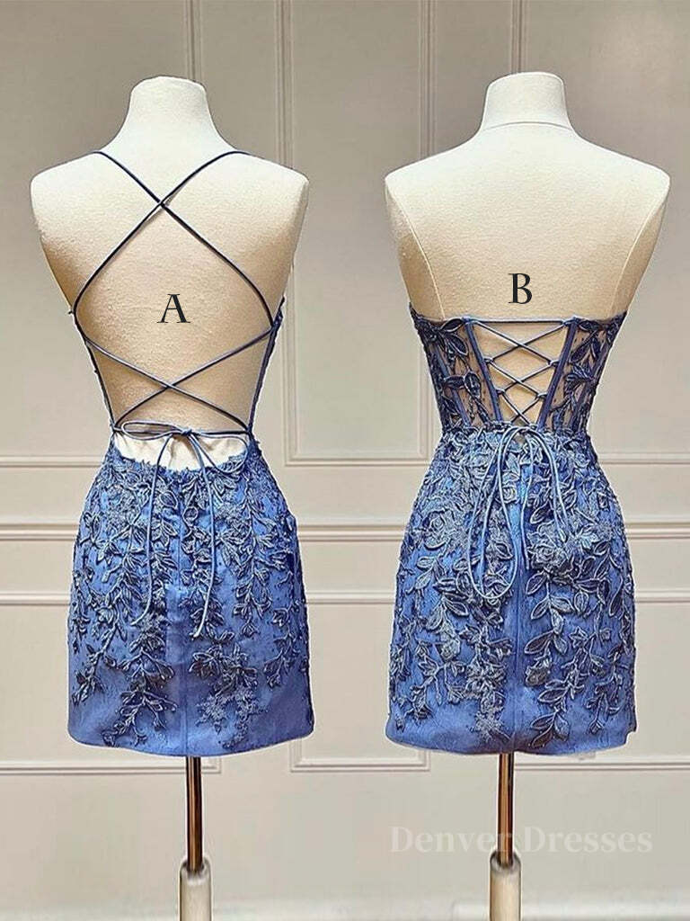 Bridesmaid Dresses With Sleeve, Blue Lace Short Prom Dress, Blue Homecoming Dress