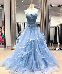 Bridesmaids Dresses Uk, Blue Lace Tulle Long Prom Dresses, Blue Lace Ball Gown, Blue Lace Formal Dresses, Evening Dresses