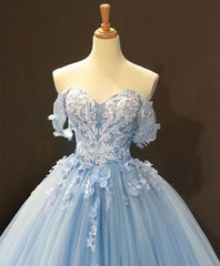 Fall Wedding, Blue Off Shoulder Tulle Lace Long Prom Dress, Blue Formal Ball Gown Evening Dress