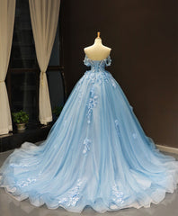 Prom Dress 2026, Blue Off Shoulder Tulle Lace Long Prom Dress, Blue Formal Ball Gown Evening Dress