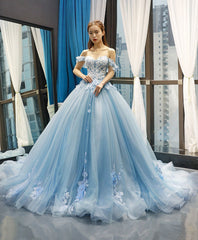 Bridesmaid Propos, Blue Off Shoulder Tulle Lace Long Prom Dress, Blue Formal Ball Gown Evening Dress