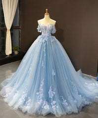 Wedding Flower, Blue Off Shoulder Tulle Lace Long Prom Dress, Blue Formal Ball Gown Evening Dress