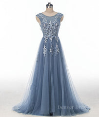 Homecoming Dress Blue, Blue round neck tulle lace applique long prom dress, blue evening dress