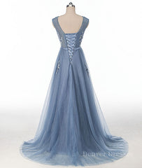 Homecoming Dresses Blues, Blue round neck tulle lace applique long prom dress, blue evening dress