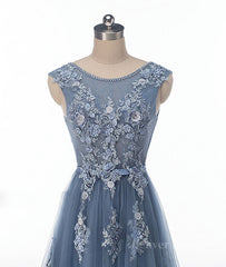 Homecomming Dresses Red, Blue round neck tulle lace applique long prom dress, blue evening dress