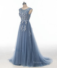 Homecomeing Dresses Red, Blue round neck tulle lace applique long prom dress, blue evening dress