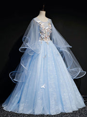 Formal Dresses Long Gowns, Blue Round Neck Tulle Lace Long Prom Dresses, Blue Sweet 16 Dresses
