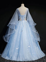 Formal Dress Boutiques Near Me, Blue Round Neck Tulle Lace Long Prom Dresses, Blue Sweet 16 Dresses