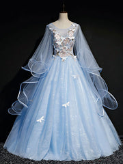Formal Dress Long Gowns, Blue Round Neck Tulle Lace Long Prom Dresses, Blue Sweet 16 Dresses
