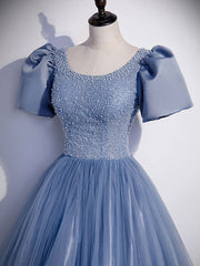 Prom Dresses Dresses, Blue Round Neck Tulle Sequin Beads Long Prom Dress, Blue Evening Dress