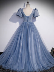 Prom Dress Dresses, Blue Round Neck Tulle Sequin Beads Long Prom Dress, Blue Evening Dress