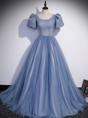 Prom Dresses Graduacion, Blue Round Neck Tulle Sequin Beads Long Prom Dress, Blue Evening Dress