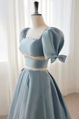 Party Dresses Australia, Blue Satin Beaded Long Prom Dress, Blue Short Sleeve Evening Dress