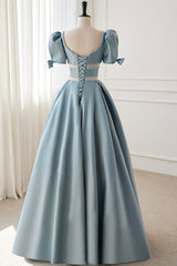 Party Dress Australian, Blue Satin Beaded Long Prom Dress, Blue Short Sleeve Evening Dress