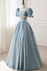 Party Dresses Winter, Blue Satin Beaded Long Prom Dress, Blue Short Sleeve Evening Dress
