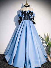 Prom Dresses Silk, Blue satin lace long prom dress blue satin evening dress