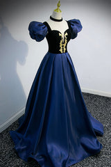 Evening Dress Elegant, Blue Satin Lace Long Prom Dress, Blue Short Sleeve Evening Party Dress