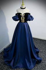 2025 Prom Dress, Blue Satin Lace Long Prom Dress, Blue Short Sleeve Evening Party Dress
