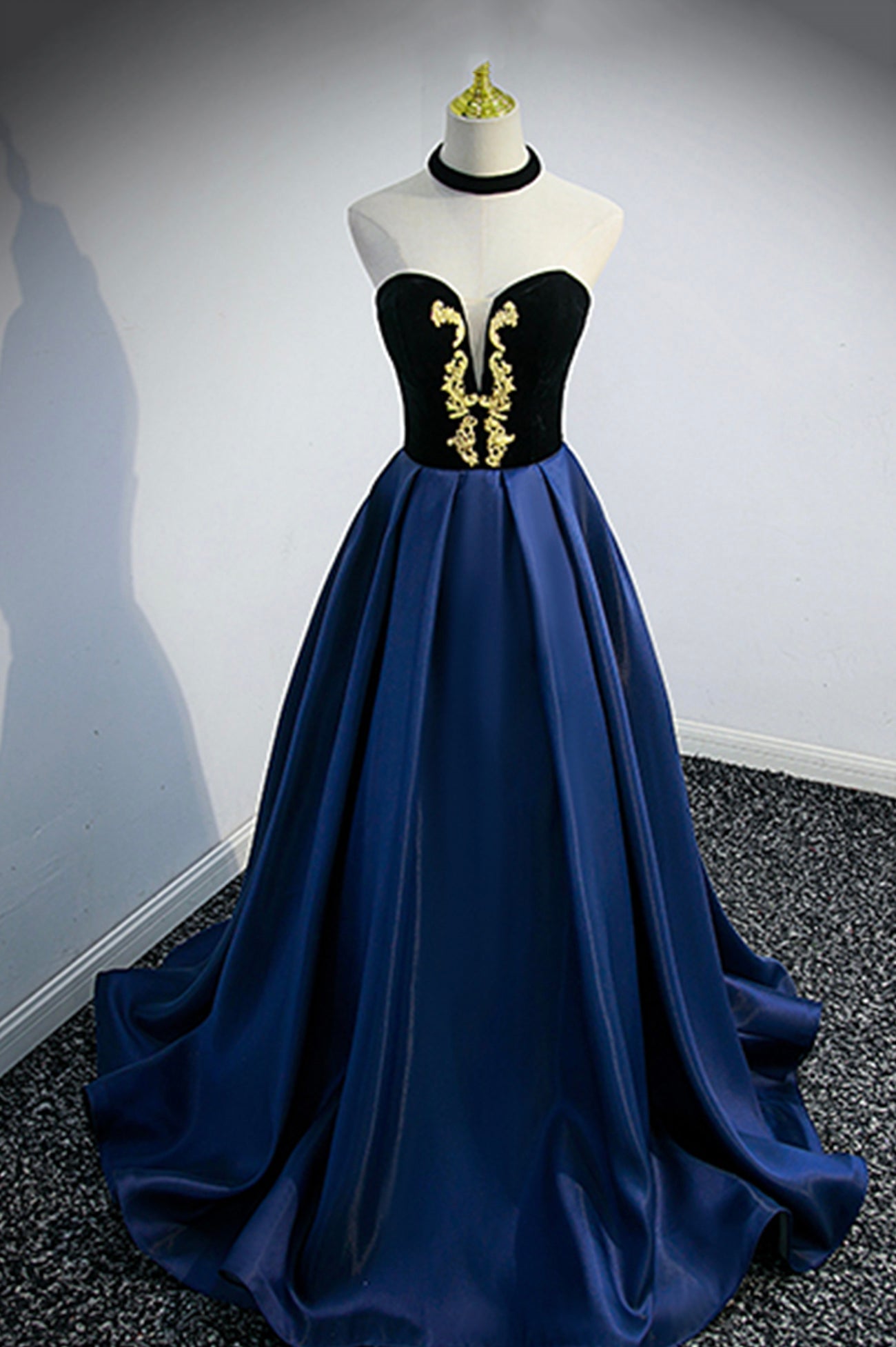 Evening Dress, Blue Satin Lace Long Prom Dress, Blue Short Sleeve Evening Party Dress