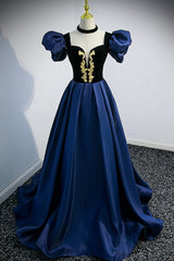 Princess Dress, Blue Satin Lace Long Prom Dress, Blue Short Sleeve Evening Party Dress