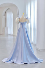 Evening Dresses Unique, Blue Satin Long A-Line Prom Dress, Lovely Short Sleeve Formal Evening Dress