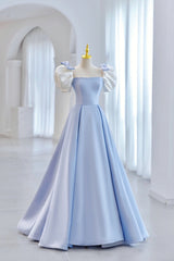 Evening Dresses For Weddings, Blue Satin Long A-Line Prom Dress, Lovely Short Sleeve Formal Evening Dress