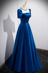 Prom Dress Outfit, Blue Satin Long A-Line Prom Dress, Simple Blue Short Sleeve Evening Dress