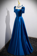 Prom Dress With Long Sleeves, Blue Satin Long A-Line Prom Dress, Simple Blue Short Sleeve Evening Dress