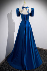 Prom Dresses With Long Sleeves, Blue Satin Long A-Line Prom Dress, Simple Blue Short Sleeve Evening Dress