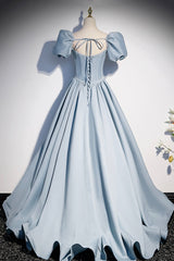 Bridesmaid Dress Long Sleeve, Blue Satin Long A-Line Prom Dress with Pearls, Cute Short Sleeve Evening Dress