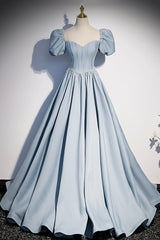 Bridesmaids Dresses Long Sleeves, Blue Satin Long A-Line Prom Dress with Pearls, Cute Short Sleeve Evening Dress