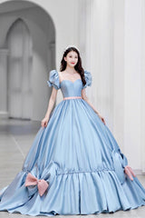 Maxi Dress, Blue Satin Long Princess Dress, Cute Short Sleeve Ball Gown Sweet 16 Dress