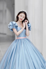 Gold Prom Dress, Blue Satin Long Princess Dress, Cute Short Sleeve Ball Gown Sweet 16 Dress