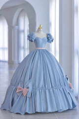 Gown, Blue Satin Long Princess Dress, Cute Short Sleeve Ball Gown Sweet 16 Dress