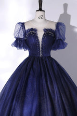 Bridesmaide Dress Colors, Blue Scoop Neckline Tulle Long Prom Dress, A-Line Short Sleeve Evening Gown