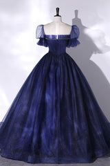 Bridesmaids Dress Colors, Blue Scoop Neckline Tulle Long Prom Dress, A-Line Short Sleeve Evening Gown