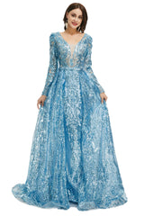 Bridesmaids Dress With Lace, Blue Sequin With Detachable Train Long Sleeves Mermaid Evening Dresses