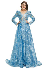 Bridesmaid Dress With Lace, Blue Sequin With Detachable Train Long Sleeves Mermaid Evening Dresses