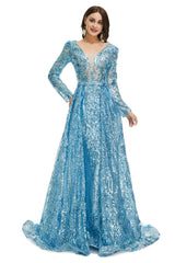 Bridesmaids Dresses With Lace, Blue Sequin With Detachable Train Long Sleeves Mermaid Evening Dresses