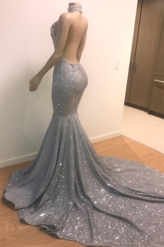 Bridesmaids Dresses Different Styles, Blue Sequins Backless Long Mermaid Crystal Beaded Prom Dress