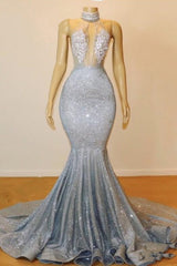 Bridesmaid Dress Color Palette, Blue Sequins Backless Long Mermaid Crystal Beaded Prom Dress