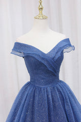 Bridesmaid Dresses Mismatched Colors, Blue Shiny Tulle Off the Shoulder Prom Dress, Blue V-Neck Evening Dress