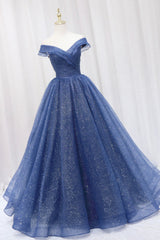 Bridesmaid Dresses Red, Blue Shiny Tulle Off the Shoulder Prom Dress, Blue V-Neck Evening Dress